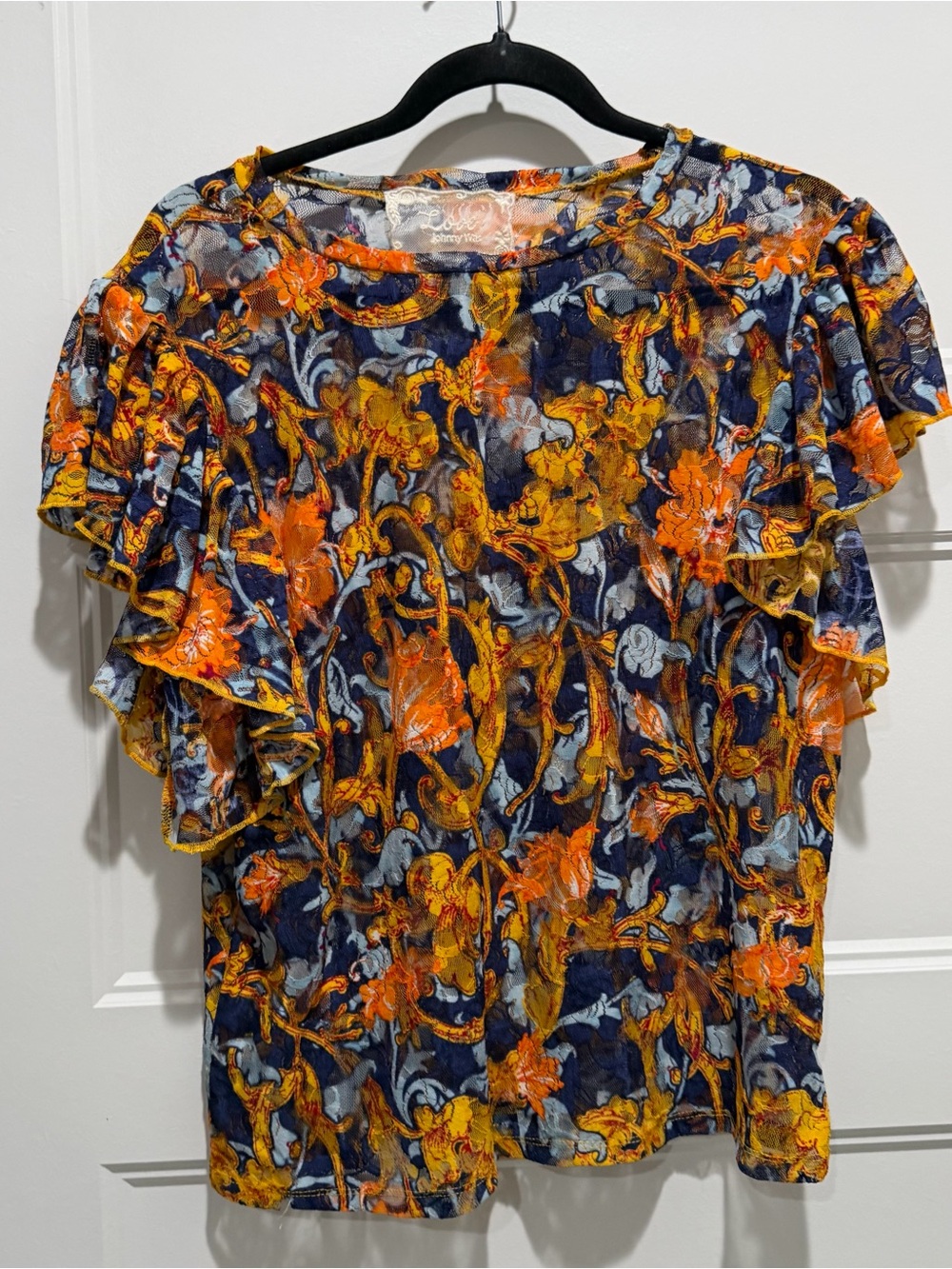 Johnny Was Navy Floral Ruffle Sleeve Blouse with Orange & Gold Print